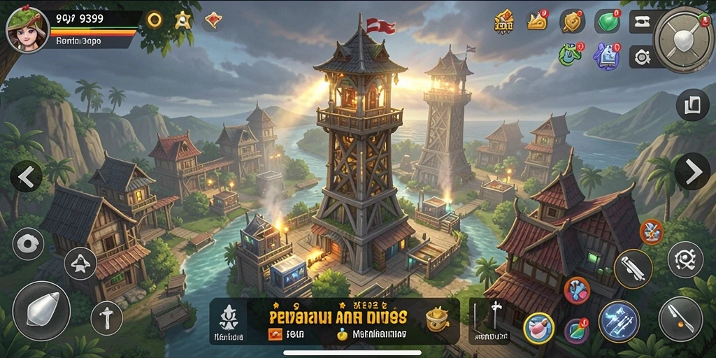 Tampilan menara dan musuh dalam gameplay 9399 yang seru.