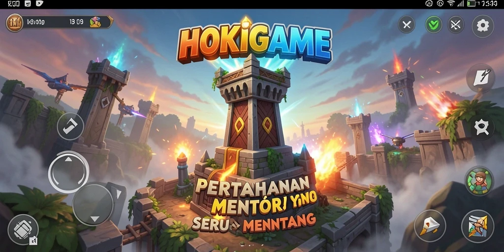Tampilan gameplay menawan dari HOKIGAME dengan menara penjaga dan musuh yang menyerang.