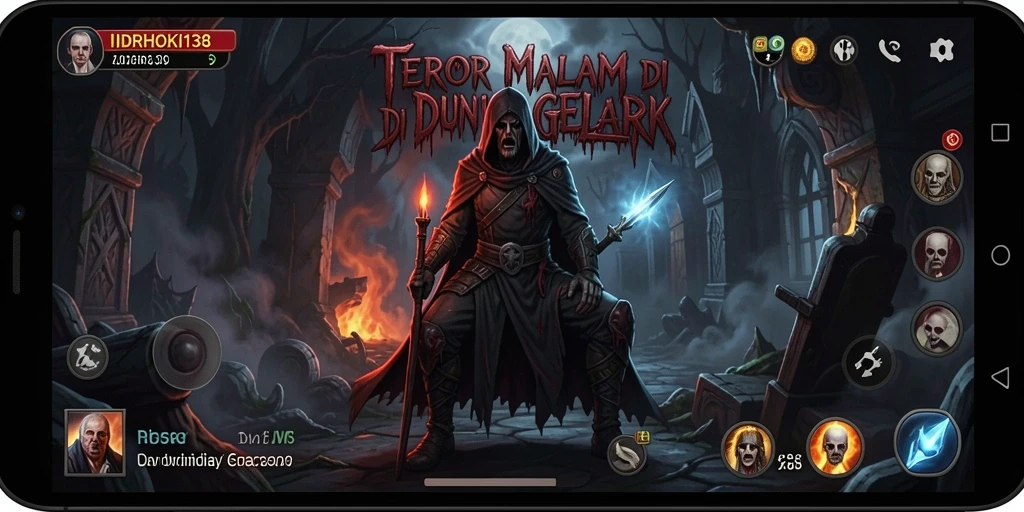 Screenshot menunjukkan pemain menghadapi monster menakutkan di kegelapan.