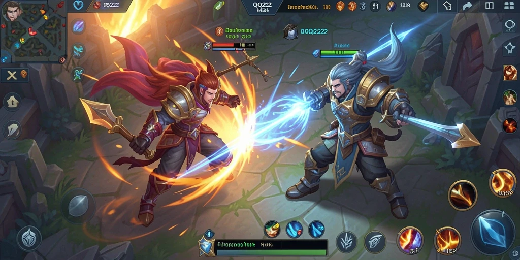 Screenshot permainan QQ222 menampilkan pertarungan epik dalam arena MOBA.